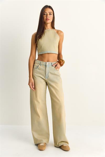 Kadın Boyundan Bağlamalı Crop Top Wide Leg Pantolon Denim Alt-Üst Takım 26089 60286151 - Buğday