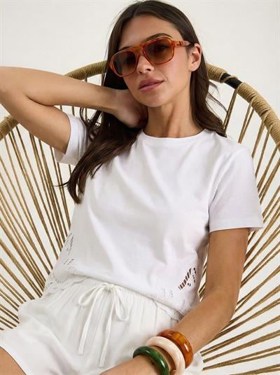 Kadın Brode Detaylı Bisiklet Yaka Basic T-Shirt 7545 60283954 - Beyaz