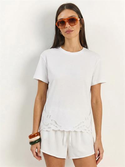Kadın Brode Detaylı Bisiklet Yaka Basic T-Shirt 7545 60283954 - Beyaz