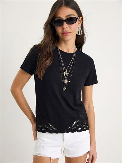 Kadın Brode Detaylı Bisiklet Yaka Basic T-Shirt 7545 60283954 - Siyah