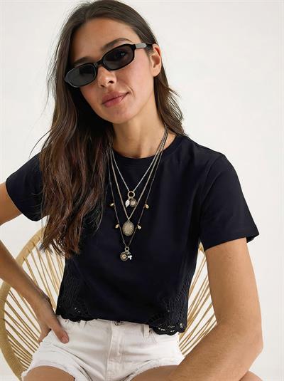 Kadın Brode Detaylı Bisiklet Yaka Basic T-Shirt 7545 60283954 - Siyah
