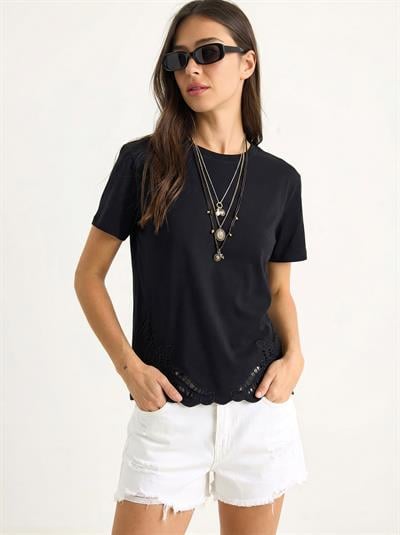 Kadın Brode Detaylı Bisiklet Yaka Basic T-Shirt 7545 60283954 - Siyah