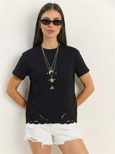 Kadın Brode Detaylı Bisiklet Yaka Basic T-Shirt 7545 60283954 - Siyah