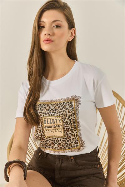 Kadın Bsisiklet Yaka Kısa Kollu Taş Baskılı Leopar Detaylı Normal Kalıp T-Shirt 1631 60283280 - Beyaz