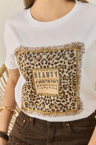 Kadın Bsisiklet Yaka Kısa Kollu Taş Baskılı Leopar Detaylı Normal Kalıp T-Shirt 1631 60283280 - Beyaz