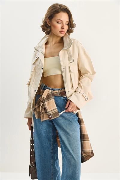 Kadın Büyük Cep Detaylı Fermuarlı Gabardin Denim Ceket 4074 60283666 - Krem