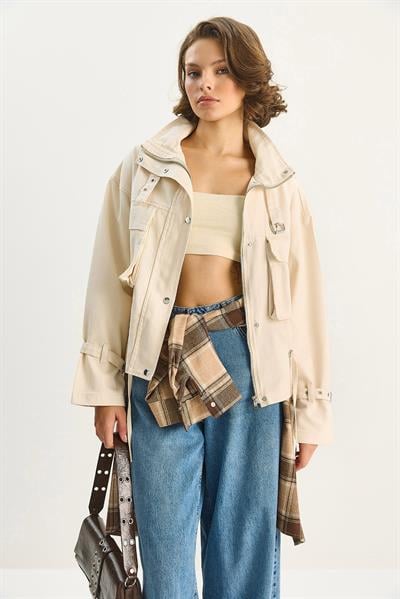 Kadın Büyük Cep Detaylı Fermuarlı Gabardin Denim Ceket 4074 60283666 - Krem