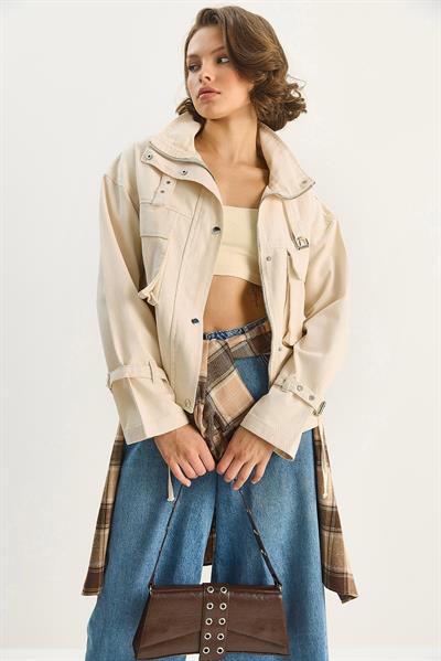 Kadın Büyük Cep Detaylı Fermuarlı Gabardin Denim Ceket 4074 60283666 - Krem