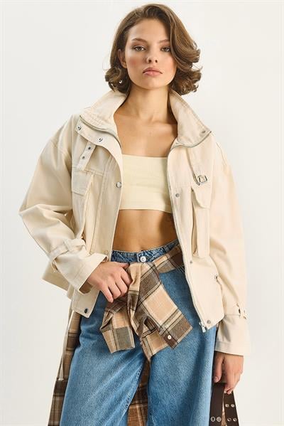 Kadın Büyük Cep Detaylı Fermuarlı Gabardin Denim Ceket 4074 60283666 - Krem