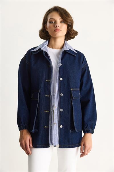 Kadın Büyük Cep Detaylı Kolu Lastikli Denim Ceket 6086 60283534 - Lacivert