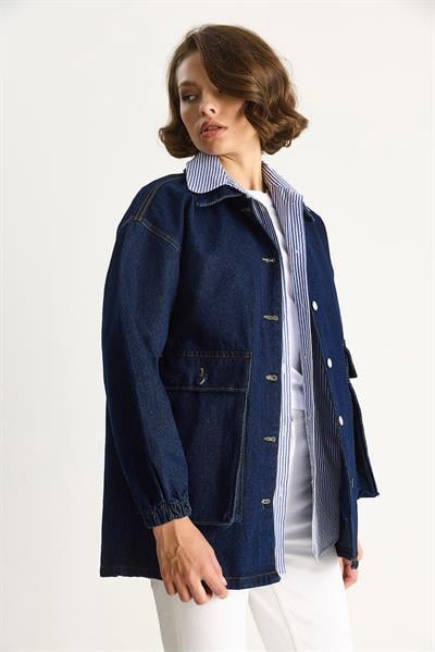 Kadın Büyük Cep Detaylı Kolu Lastikli Denim Ceket 6086 60283534 - Lacivert