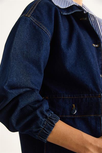 Kadın Büyük Cep Detaylı Kolu Lastikli Denim Ceket 6086 60283534 - Lacivert