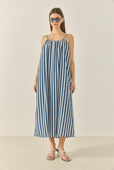 Kadın Büzgü Detaylı İnce Askılı Çizgili Astarlı Modal Salaş Elbise 35429 60283250 - Lacivert