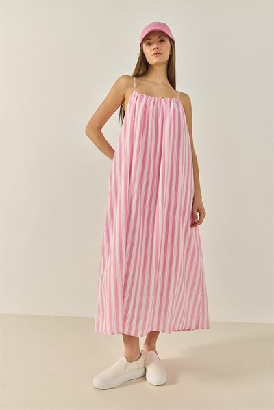 Kadın Büzgü Detaylı İnce Askılı Çizgili Astarlı Modal Salaş Elbise 35429 60283250 - Şeker Pembe
