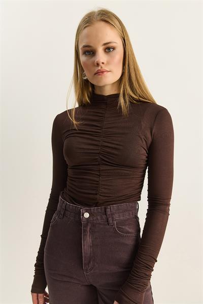 Kadın Büzgülü Uzun Kollu Soft Touch Bluz 1036 60283902 - Acı Kahve