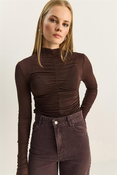 Kadın Büzgülü Uzun Kollu Soft Touch Bluz 1036 60283902 - Acı Kahve