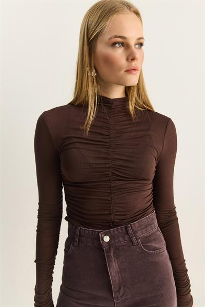 Kadın Büzgülü Uzun Kollu Soft Touch Bluz 1036 60283902 - Acı Kahve