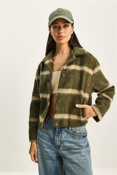 Kadın Cep Detaylı Astarlı Ekose Mont DM251001 60283719 - Haki