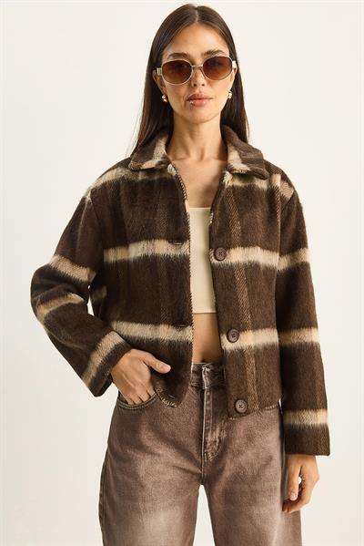 Kadın Cep Detaylı Astarlı Ekose Mont DM251001 60283719 - Kahverengi-Bej