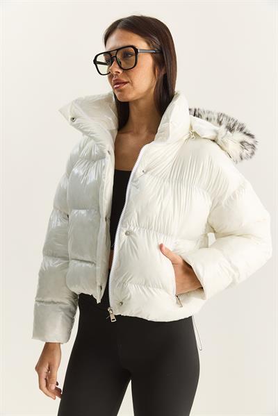 Kadın Cep Detaylı Astarlı Kapüşonlu Kısa Puffer Mont 1088 60283867 - Beyaz