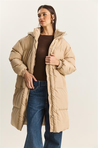 Kadın Cep Detaylı Astarlı Kapüşonlu Uzun Puffer Mont 1129 60283868 - Bej