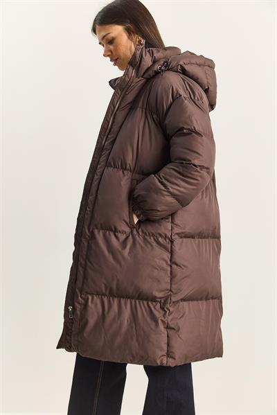 Kadın Cep Detaylı Astarlı Kapüşonlu Uzun Puffer Mont 1129 60283868 - Acı Kahve
