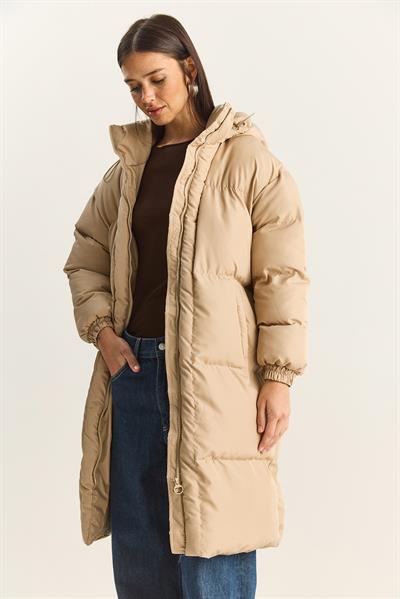 Kadın Cep Detaylı Astarlı Kapüşonlu Uzun Puffer Mont 1129 60283868 - Bej