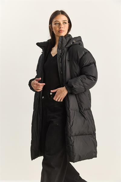 Kadın Cep Detaylı Astarlı Kapüşonlu Uzun Puffer Mont 1129 60283868 - Siyah