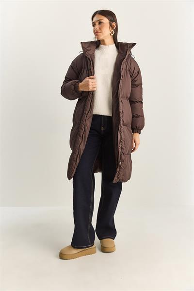 Kadın Cep Detaylı Astarlı Kapüşonlu Uzun Puffer Mont 1129 60283868 - Acı Kahve