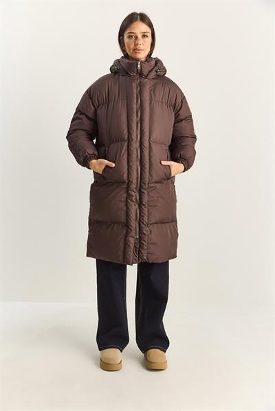 Kadın Cep Detaylı Astarlı Kapüşonlu Uzun Puffer Mont 1129 60283868 - Acı Kahve