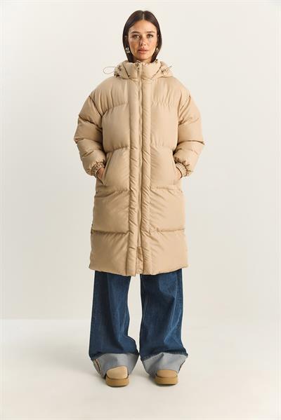 Kadın Cep Detaylı Astarlı Kapüşonlu Uzun Puffer Mont 1129 60283868 - Bej