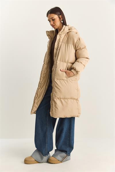 Kadın Cep Detaylı Astarlı Kapüşonlu Uzun Puffer Mont 1129 60283868 - Bej