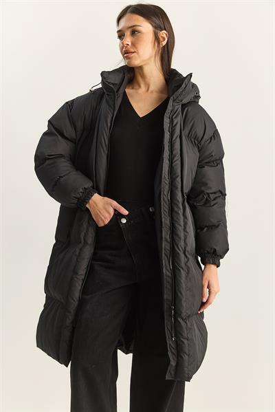 Kadın Cep Detaylı Astarlı Kapüşonlu Uzun Puffer Mont 1129 60283868 - Siyah
