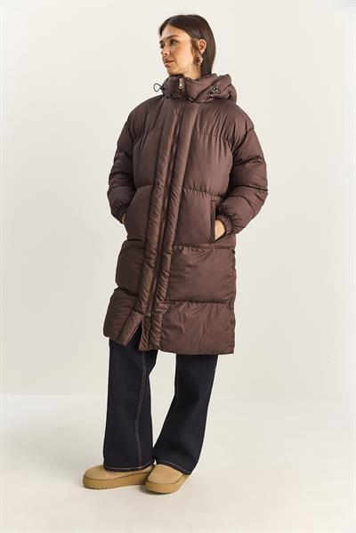 Kadın Cep Detaylı Astarlı Kapüşonlu Uzun Puffer Mont 1129 60283868 - Acı Kahve