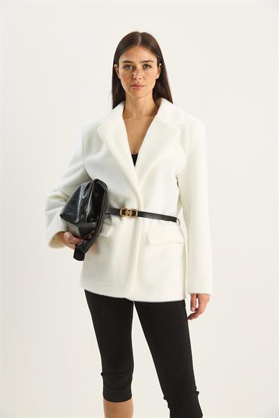 Kadın Cep Detaylı Astarlı Kemerli Peluş Dokulu Blazer Ceket 2761 60281110 - Beyaz