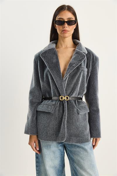 Kadın Cep Detaylı Astarlı Kemerli Peluş Dokulu Blazer Ceket 2761 60281110 - Füme