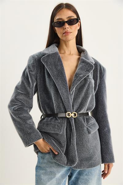 Kadın Cep Detaylı Astarlı Kemerli Peluş Dokulu Blazer Ceket 2761 60281110 - Füme