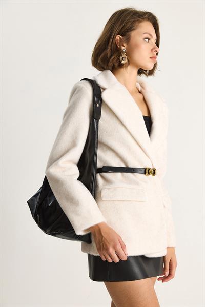 Kadın Cep Detaylı Astarlı Kemerli Peluş Dokulu Blazer Ceket 2761 60281110 - Krem