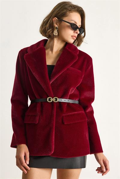 Kadın Cep Detaylı Astarlı Kemerli Peluş Dokulu Blazer Ceket 2761 60281110 - Bordo
