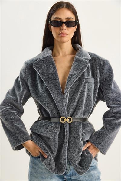 Kadın Cep Detaylı Astarlı Kemerli Peluş Dokulu Blazer Ceket 2761 60281110 - Füme
