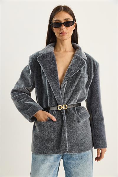 Kadın Cep Detaylı Astarlı Kemerli Peluş Dokulu Blazer Ceket 2761 60281110 - Füme