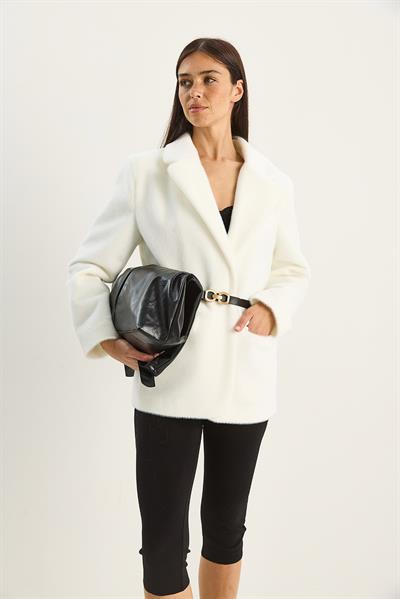 Kadın Cep Detaylı Astarlı Kemerli Peluş Dokulu Blazer Ceket 2761 60281110 - Beyaz