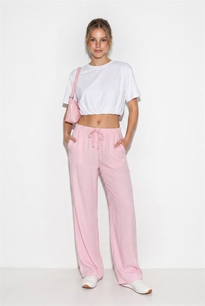 Kadın Cep Detaylı Beli Lastikli Bağlama Detaylı Yazlık Liyosel Pantolon YP5424 60283375 - Pembe
