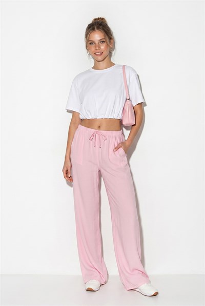 Kadın Cep Detaylı Beli Lastikli Bağlama Detaylı Yazlık Liyosel Pantolon YP5424 60283375 - Pembe