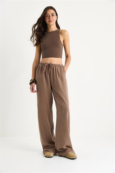 Kadın Cep Detaylı Beli Lastikli Bağlama Detaylı Yazlık Liyosel Pantolon YP5424 60283375 - Cappuccino