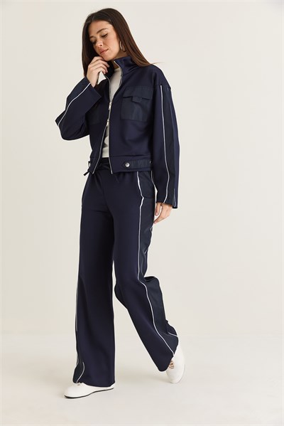 Kadın Cep Detaylı Dik Yaka Fermuarlı Biyeli Ceket Wide Leg Pantolon Eşofman Takım 4221 60286662 - Lacivert