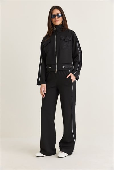 Kadın Cep Detaylı Dik Yaka Fermuarlı Biyeli Ceket Wide Leg Pantolon Eşofman Takım 4221 60286662 - Siyah
