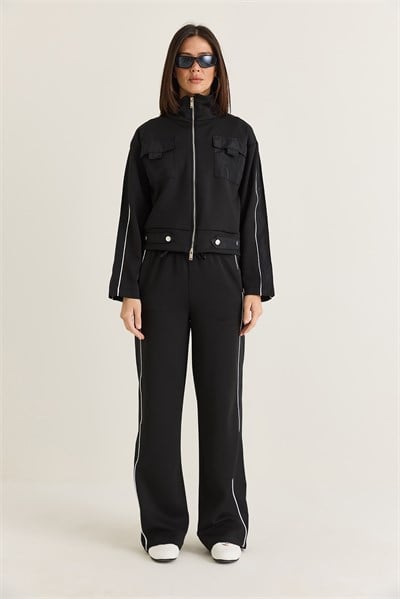 Kadın Cep Detaylı Dik Yaka Fermuarlı Biyeli Ceket Wide Leg Pantolon Eşofman Takım 4221 60286662 - Siyah