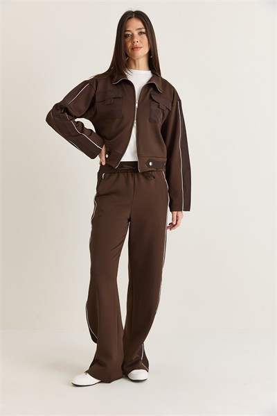 Kadın Cep Detaylı Dik Yaka Fermuarlı Biyeli Ceket Wide Leg Pantolon Eşofman Takım 4221 60286662 - Acı Kahve