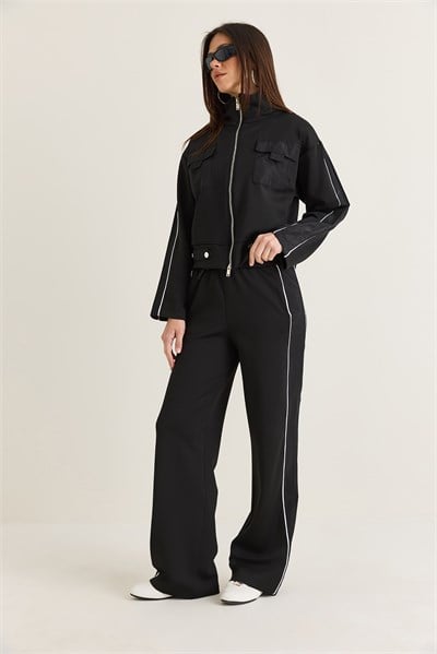 Kadın Cep Detaylı Dik Yaka Fermuarlı Biyeli Ceket Wide Leg Pantolon Eşofman Takım 4221 60286662 - Siyah